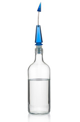 Water bottle with blue cork on white background
