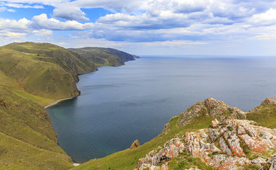 Fototapeta na wymiar The shore of lake Baikal Sunny summer day, view from above
