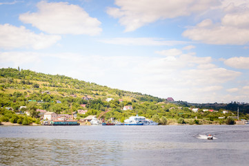 Embankment, view from the Volga River to the city of Saratov, Russia. Beautiful summer cityscape.