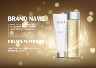 A beautiful cosmetic template for ads, realistic 3d white tube and gold translucent bottle on background with flare effect. Moisturizing skincare cream, hair oil premium product