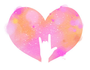 I love you hand sign in pink watercolor heart. Digital art painting