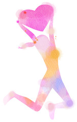 Girl holding heart, Watercolor style. Digital art painting. Valentine's day