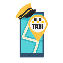 Online taxi booking. Phone with hat and map