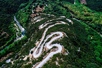 Aerial view of the provincial with many zigzag road in the Epirus Zagorohoria, Greece