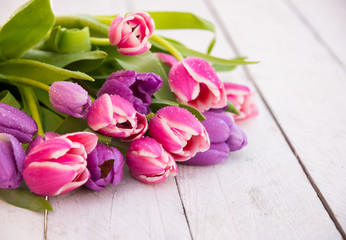 Bouquet of pink and violet tulip flowers