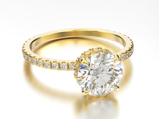 3D illustration yellow gold traditional engagement ring with diamond with reflection © 3djewelry