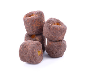 Crunchy corn chocolate snacks on a white background