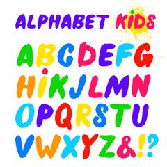 Children's font in the cartoon style. Set of multicolored bright letters for inscriptions. Vector illustration of an alphabet. Freehand drawing. Isolated on white background.