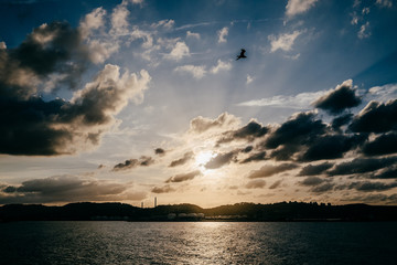 Photography of a beautiful silhouette of a natural landscape at dusk with a cloudy and colorful sky. Lifestyle portrait.
