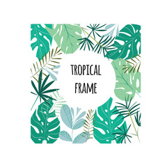 Round tropical frame, template with place for text. Vector illustration, isolated on white background.