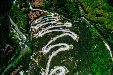 Aerial view of the provincial with many zigzag road in the Epirus Zagorohoria, Greece