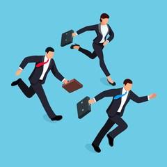 Isometric businessmen running race isolated on a blue background.