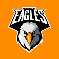 Furious eagle head athletic club vector logo concept isolated on orange background. 
Modern sport team mascot badge design. Premium quality bird emblem t-shirt tee print illustration.
