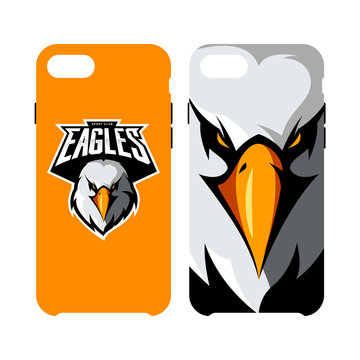 Furious eagle head athletic club vector logo concept isolated on smart phone case.
Modern sport team mascot badge design. Premium quality wild bird emblem cell phone cover illustration.