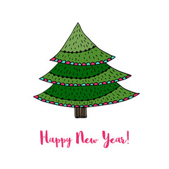 Christmas tree sticker. Happy New Year cartoon vector card.