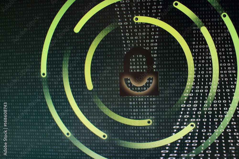 Poster photo of computer screen display with black graphic lock symbol. binary numbers background. computer