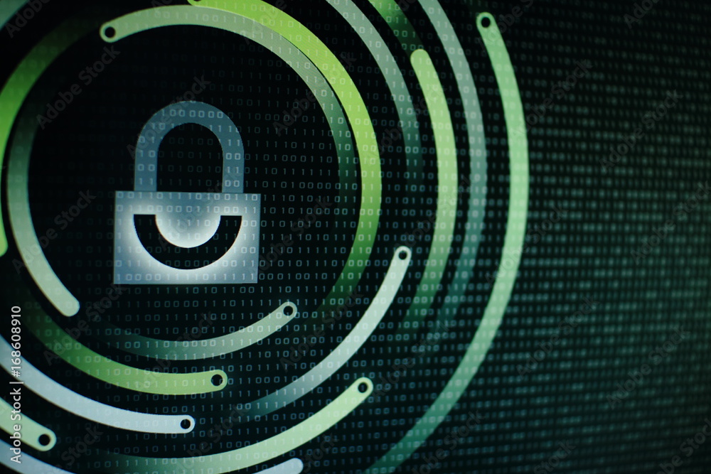 Poster photo of computer screen display with white graphic symbol of a lock. binary numbers background. com