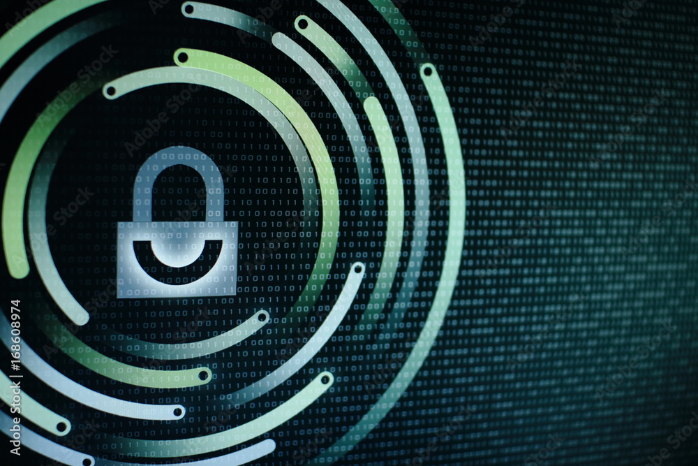 Poster photo of computer screen display with white graphic symbol of a lock. binary numbers background. com