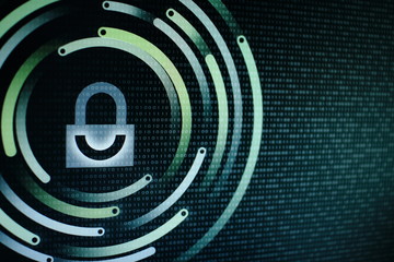 photo of computer screen display with White graphic symbol of a lock. binary numbers background. computer data protection. Internet Business Cyber security system concept