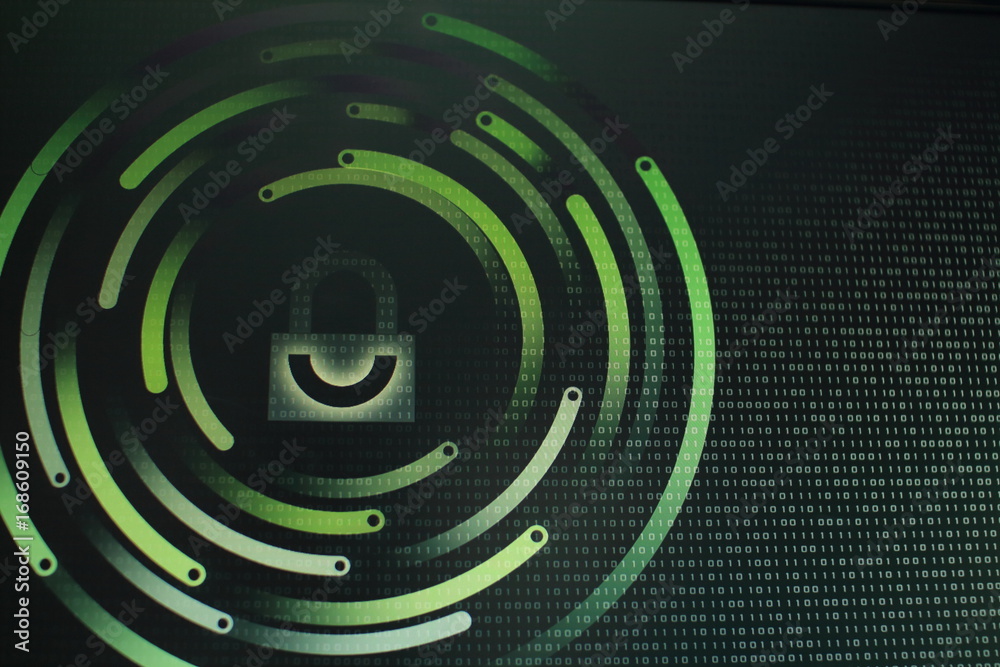 Poster White graphic symbol of a lock on binary computer display - computer data protection. Internet Business Cyber security system concept