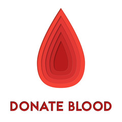 Donate blood 3d abstract paper cut out illlustration of blood drop. Vector colorful template in carving art style.