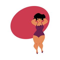Pretty plump, plus size Caucasian curvy woman, girl in swimming suit, top view cartoon vector illustration with space for text. Top view portrait of pretty plump woman in swimming suit