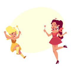 Vector fairy girl illustration on white background Two Cute cartoon smiling children with butterfly wings wearing queen crown with bubble speech. Magic flying kid holding magic star wand.