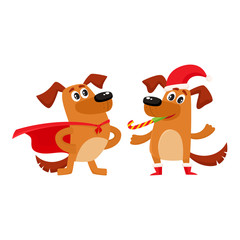 Two cute brown dog characters, one wearing Christmas hat and boots, another in superhero cape, cartoon vector illustration isolated on white background. Couple of funny dog characters in fancy dresses