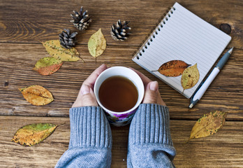 Female hands hold a cup, notepad for notes and yellow leaves, the concept of autumn, mood and coziness.