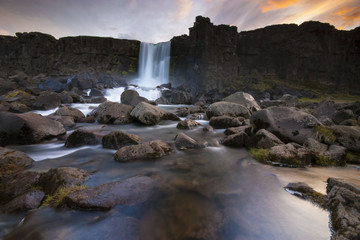 Oxararfoss waterfall in Thingvellir, Iceland. / Oxararfoss waterfall 