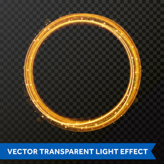 Vector light effect of circle line gold swirl. Glowing light fire flare trace.