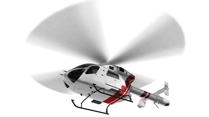 White civilian helicopter in flight isolated on white background
