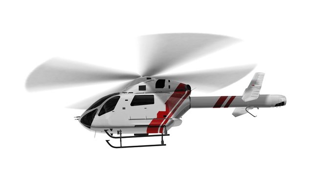 White civilian helicopter in flight isolated on white background