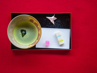 Top view of Matcha green tea set, traditional Japanese-style tea ceremony
