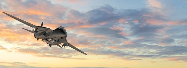 
armed military fighter jet in flight on the sky background  - obrazy, fototapety, plakaty