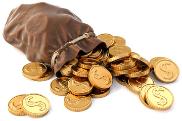 Gold coins fall out of a leather sack. Isolated on white background. 3D illustration.