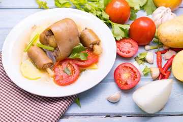 Oxtail soup in white dish on blue  table, Delicious halal food