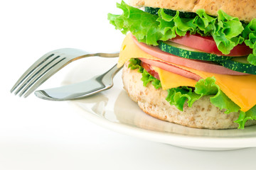 burger sandwiches bread with bacon , ham and cheese with vegetable , healthy breakfast on white background , healthy breakfast food concept