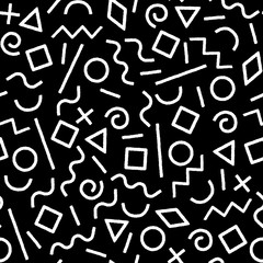 Black and white memphis abstract geometric shapes seamless pattern, vector