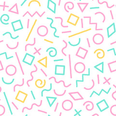 Pastel colored memphis abstract geometric shapes seamless pattern, vector