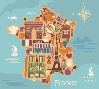 Symbols of France in the form of a stylized maps