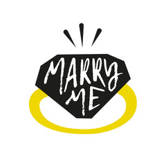 Silhouette of a ring with calligraphic text Marry me. Vector color label.