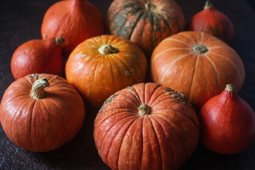 Organic ogange pumpkins on wooden table, thanksgiving pumpkin background, autumn harvest