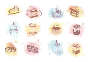 Watercolor sketches of cupcakes, berry pie and cake