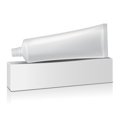 Vector plastic tube with white box for medicine or cosmetics - toothpaste, cream, gel, skin care. Packaging mockup template