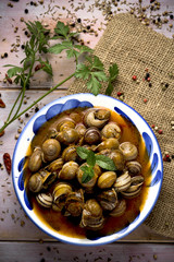spanish caracoles en salsa, cooked snails in sauce