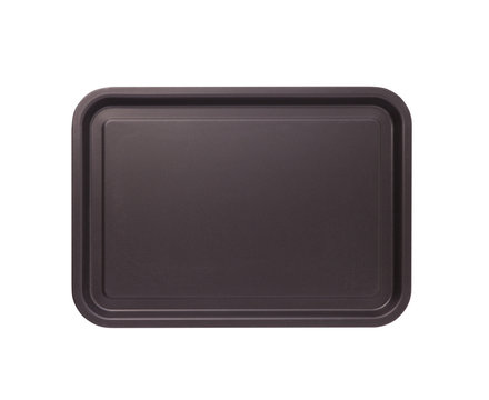 Empty baking tray for pizza close up top view isolated square. Mock up for design
