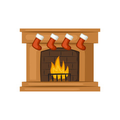 Christmas fireplace with red stockings. Cartoon icon. Vector illustration.