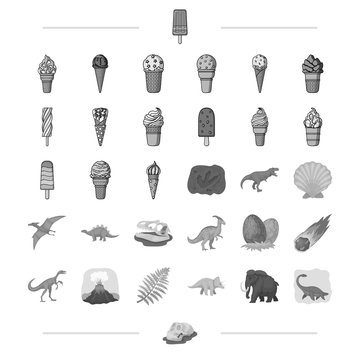 Different types of ice cream and other web icon in monochrome style.. Dinosaurs, Jurassic period icons in set collection.