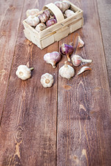 Fototapeta na wymiar Garlic. Garlic Cloves and Garlic Bulb on a wooden vintage rustic table.
